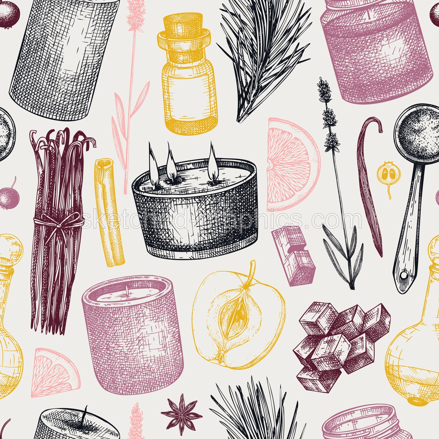 Aromatic candle ingredients seamless pattern. Vector background with hand-sketched materials for candles, soap, cosmetics, perfumery. The natural backdrop for wrapping paper, packaging, textile. Illustration